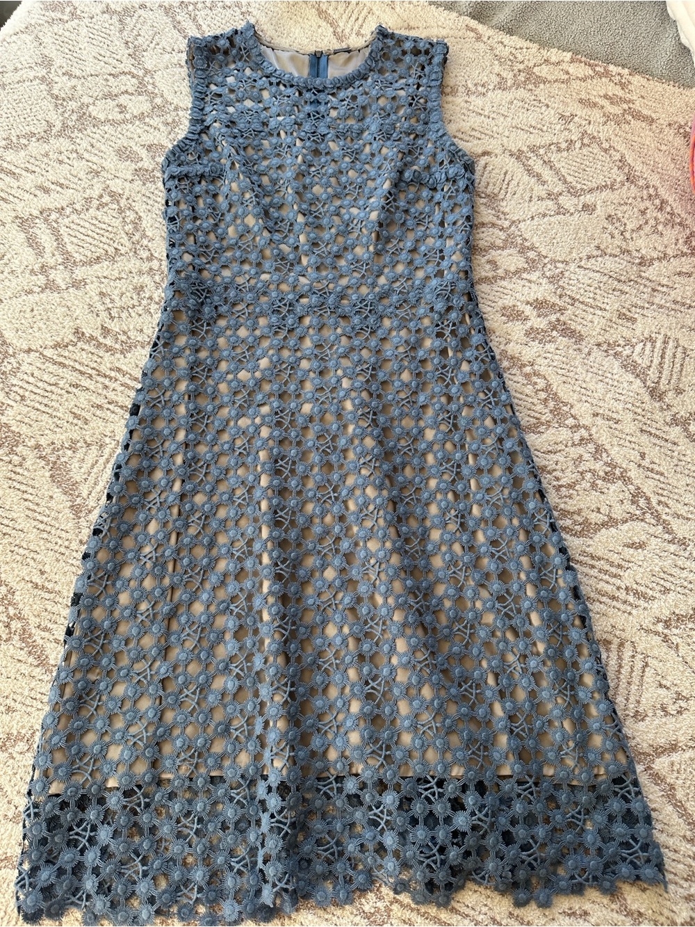 Elie Tahari Blue Crochet Lace Illusion Dress Nude Lining EUC Designer